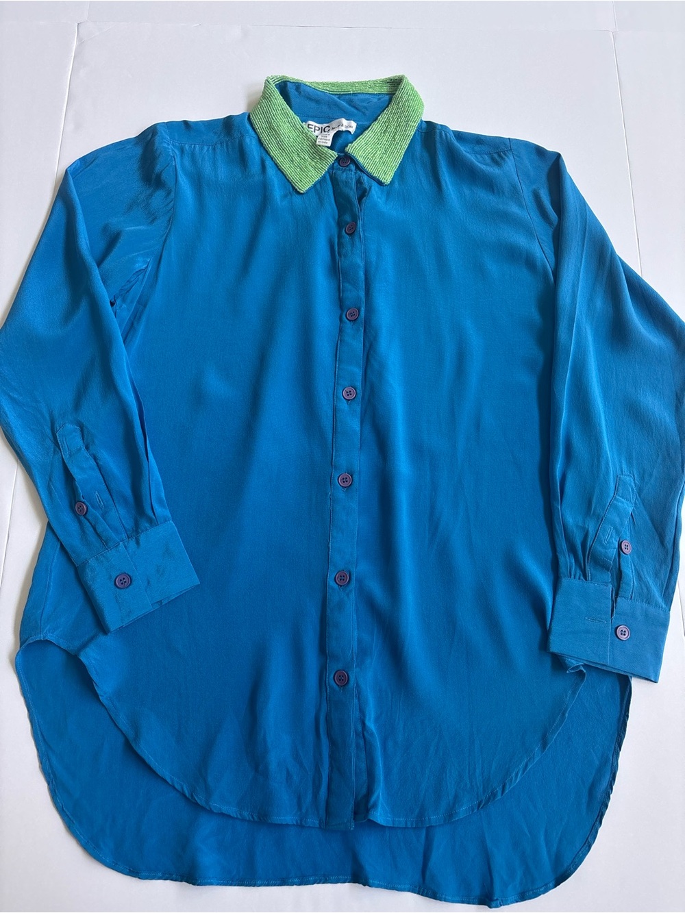 EPIC Teal Silky Blouse Green Beaded Collar Statement Top M